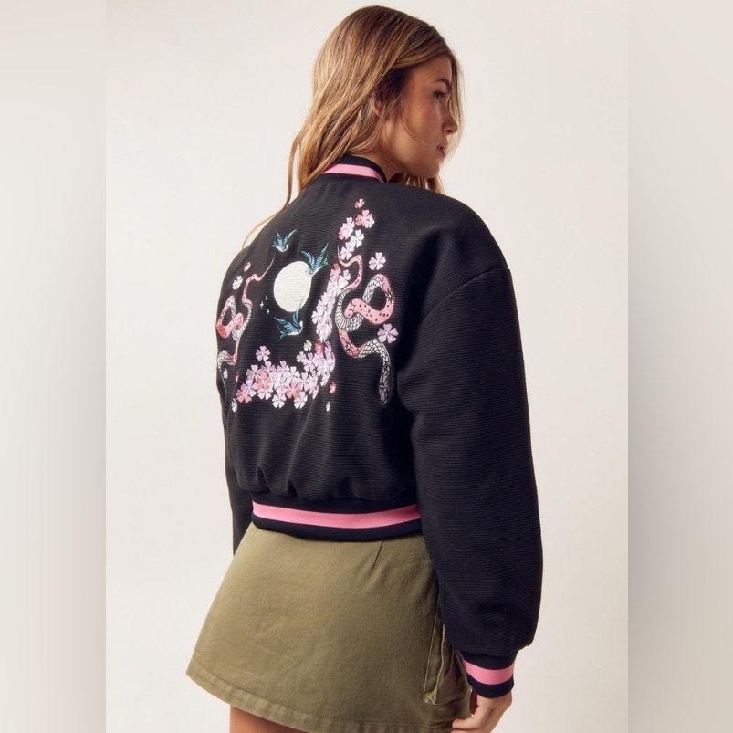 Very Rare Nasty Gal Cherry Blossom Embroidered Black Bomber Jacket